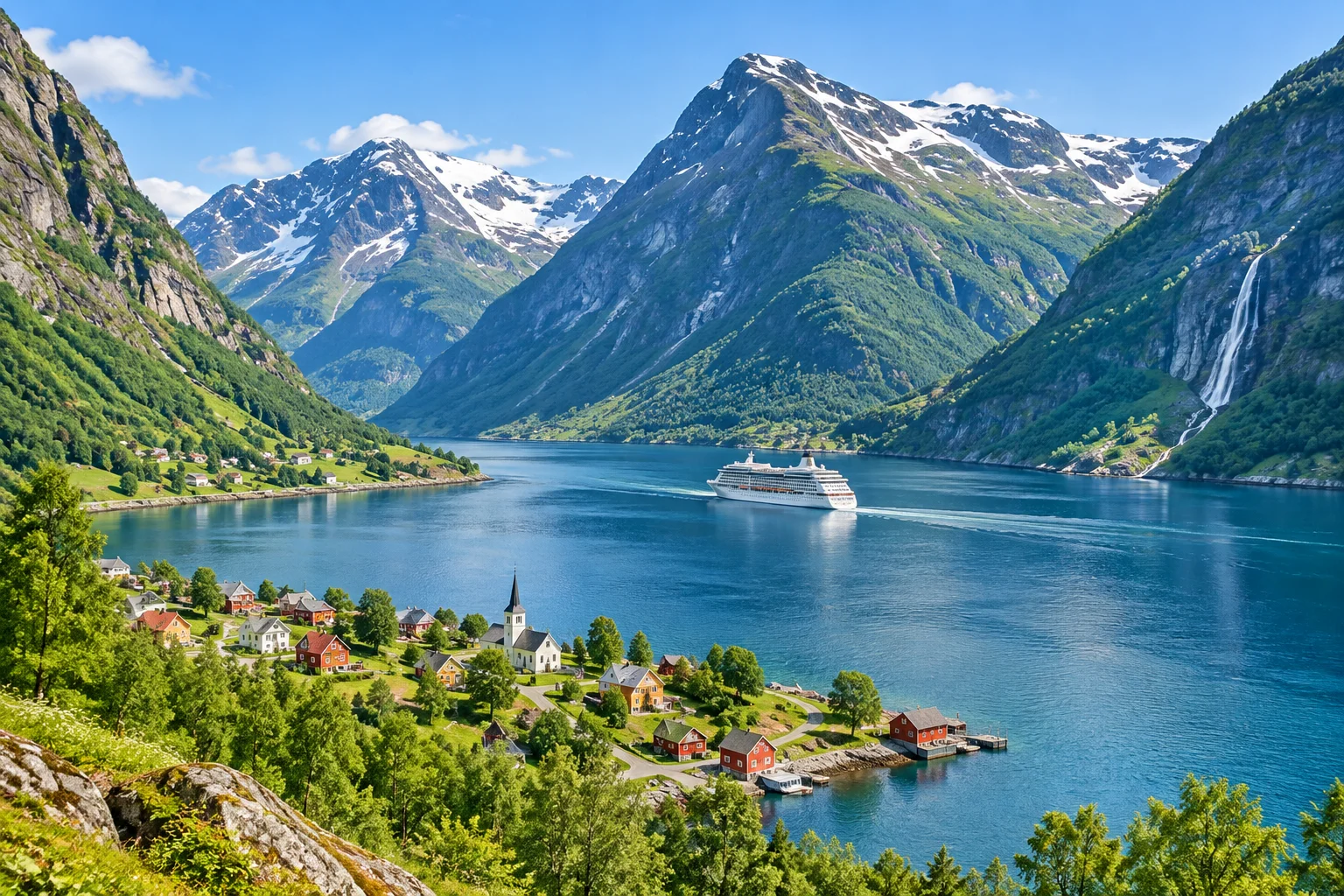 Grüne Berghänge und ein Wasserfall an einem norwegischen Fjord