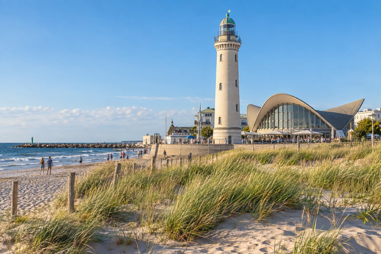 Blick auf den Hafen und die Küste von Warnemünde