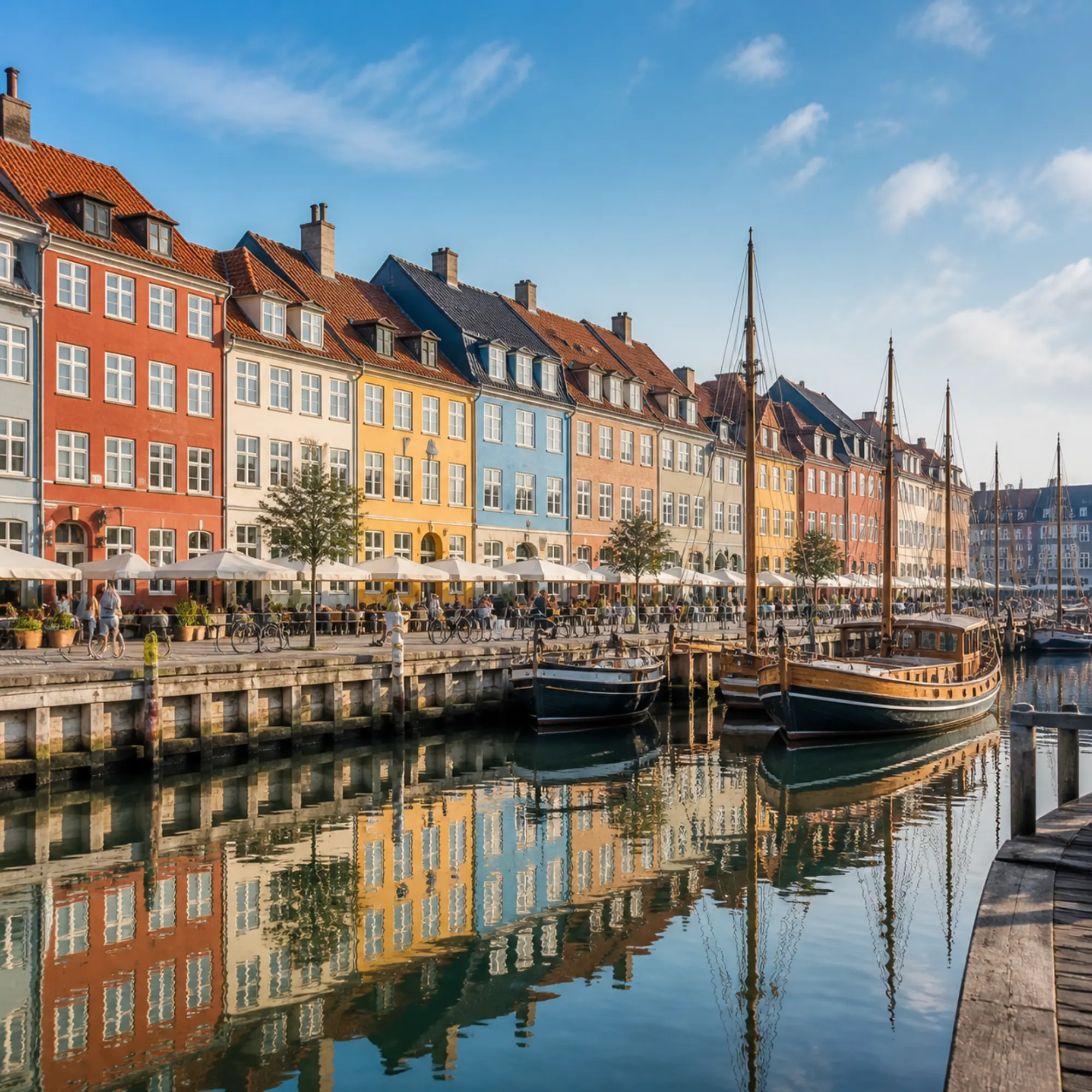 Nyhavn in Kopenhagen mit farbigen Häusern und historischen Booten