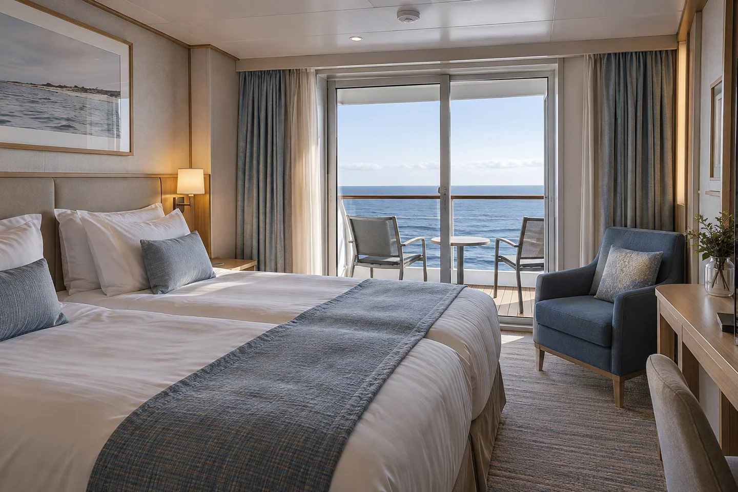 Fotorealistische KI-Illustration einer hellen Balkonkabine mit Doppelbett und Blick aufs Meer