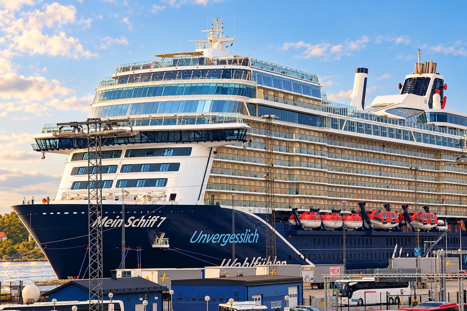 Mein Schiff 7 im Hafen aus schräger Bugperspektive; KI-bearbeitet nach einem Originalfoto von AleWi, keine Aufnahme dieser Reise.