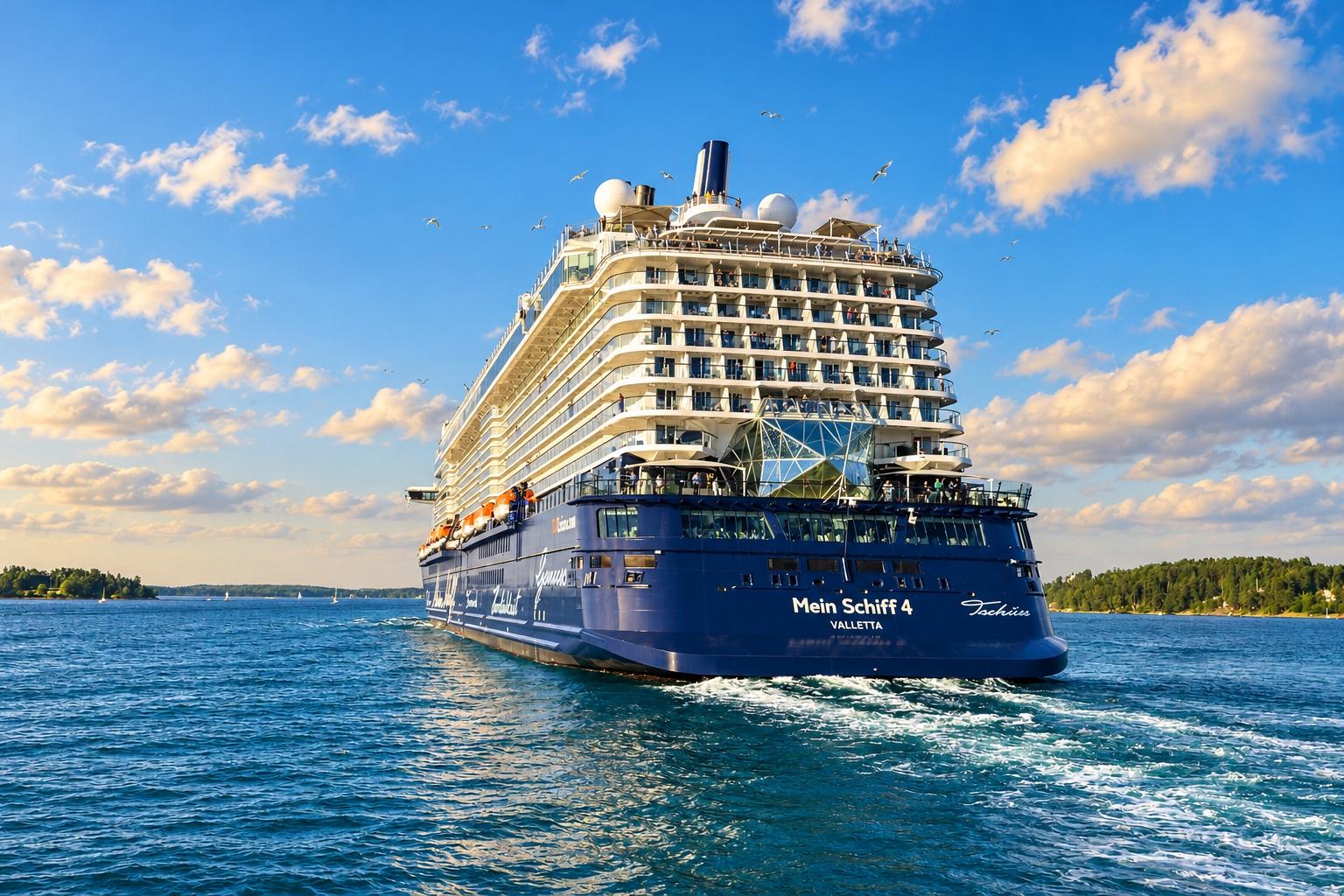 Mein Schiff 4 aus schräger Heckperspektive; KI-bearbeitet nach einem Originalfoto von Arild Vågen, keine Aufnahme dieser Reise.