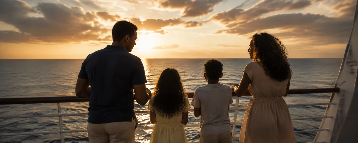 Familie an Deck eines Kreuzfahrtschiffs bei Sonnenuntergang