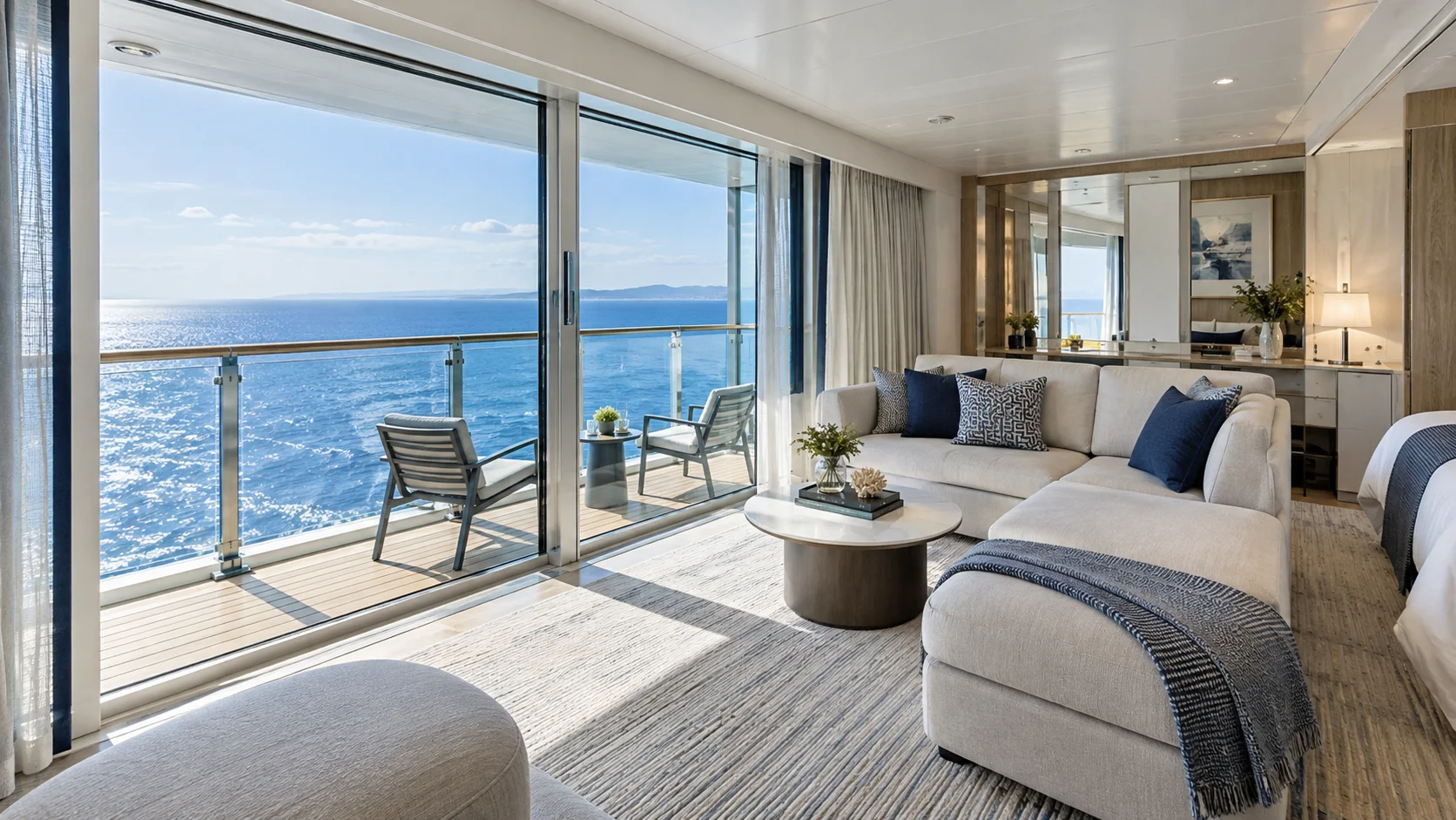 KI-Stimmungsbild einer hellen Kreuzfahrt-Suite mit privatem Balkon und weitem Meerblick