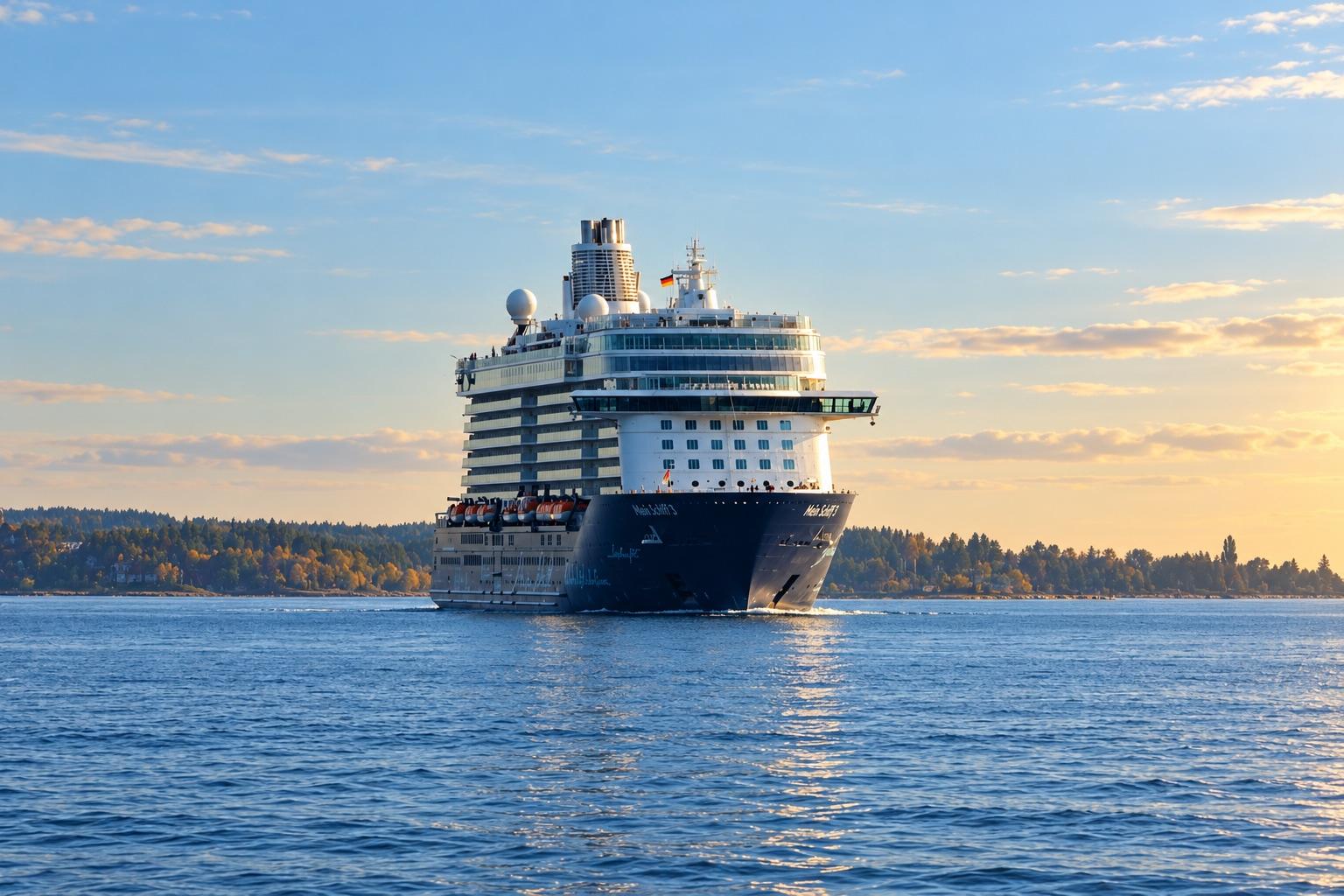 Mein Schiff 3 aus frontal-schräger Perspektive vor ruhigem Wasser und nordischer Küste; KI-bearbeitet auf Grundlage eines Originalfotos von HenSti, keine Aufnahme dieser Reise.