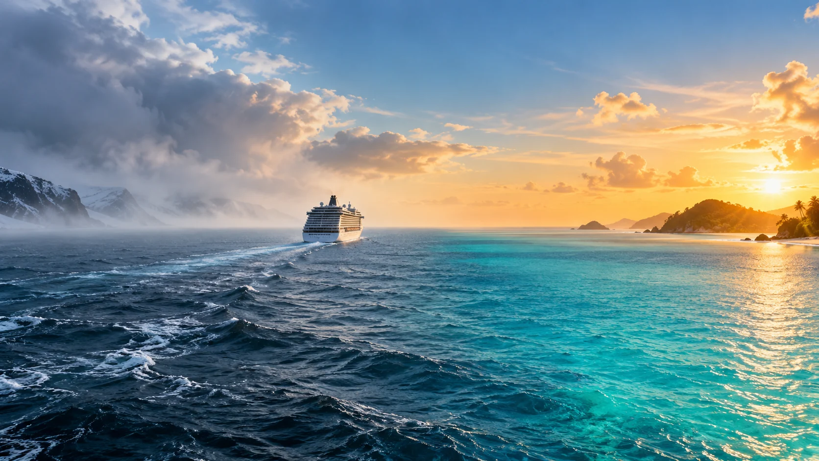 Fiktives weißes Kreuzfahrtschiff zwischen dunkler winterlicher See und türkisfarbenem Tropenwasser.