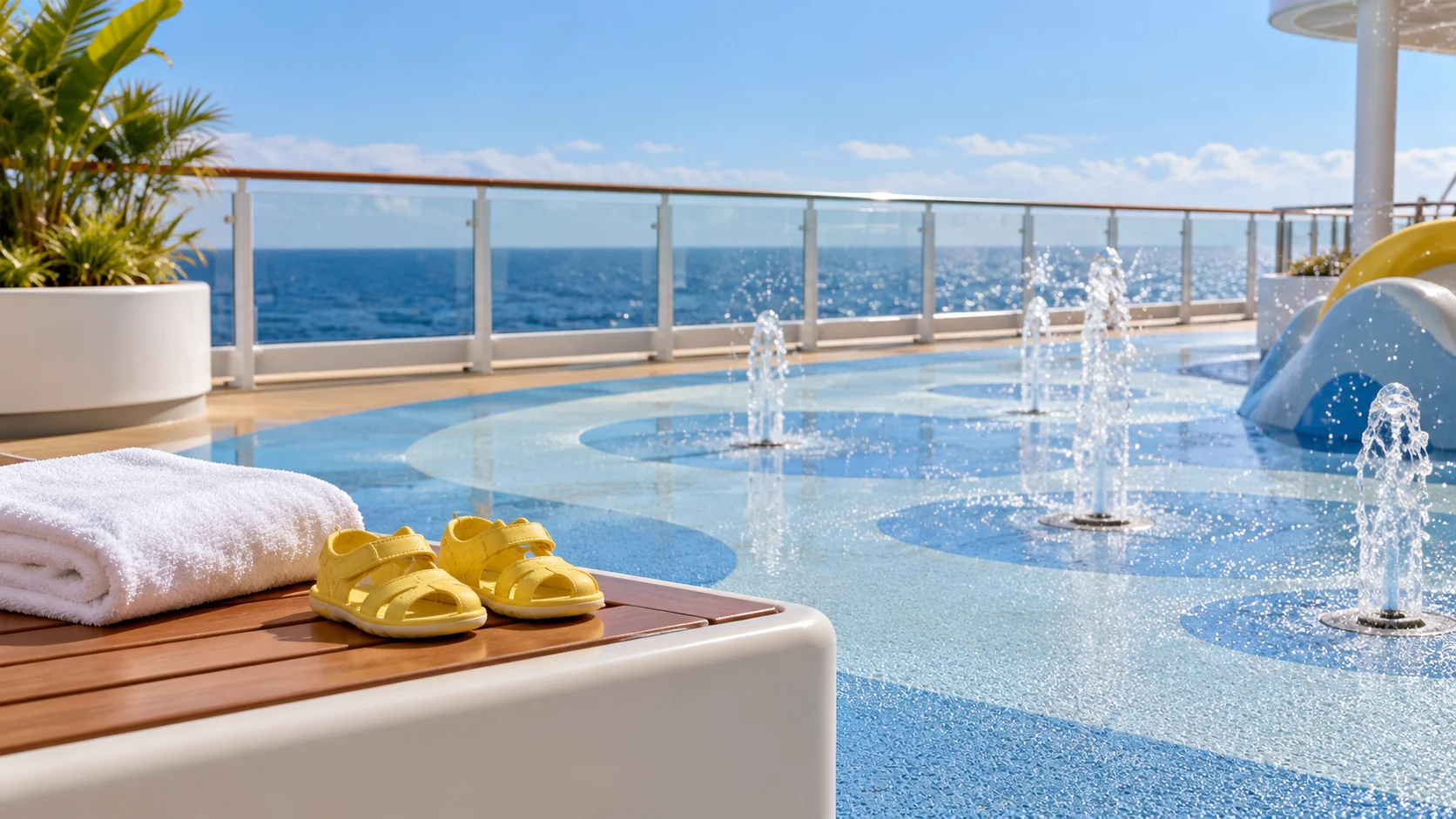 Kleine Wasserfontänen auf einem hellblauen Schiffsdeck mit gelben Kindersandalen, einem Handtuch und Meerblick.
