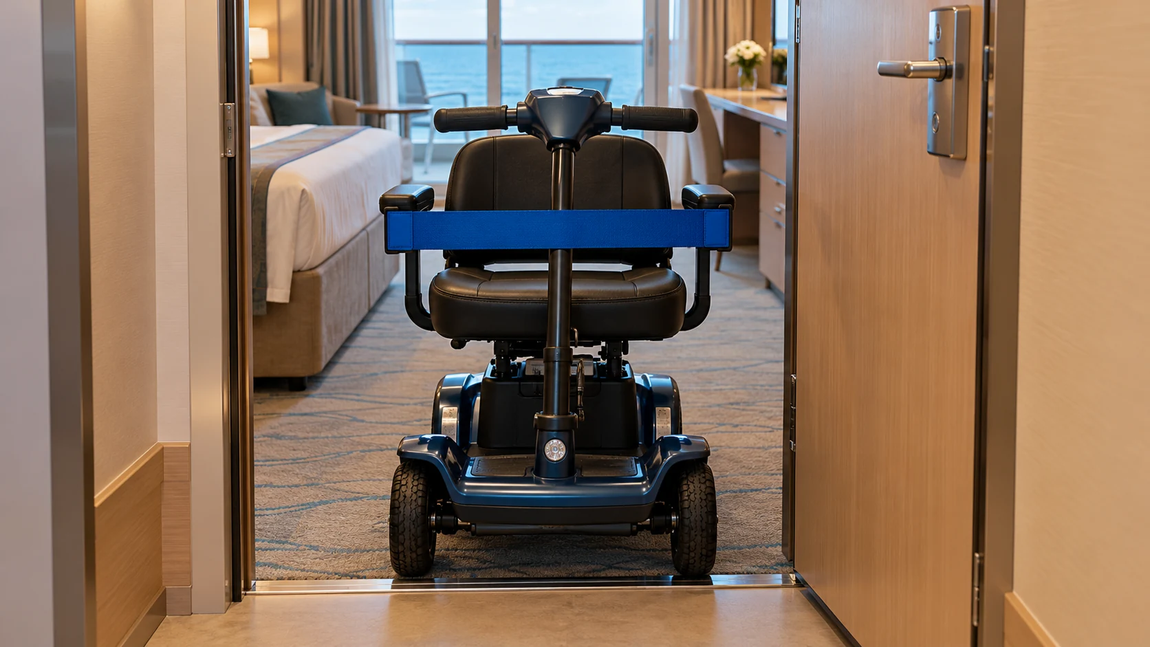 Unbeschrifteter Mobilitätsscooter mit blauer Messschablone in der Tür einer fiktiven Kreuzfahrtkabine.