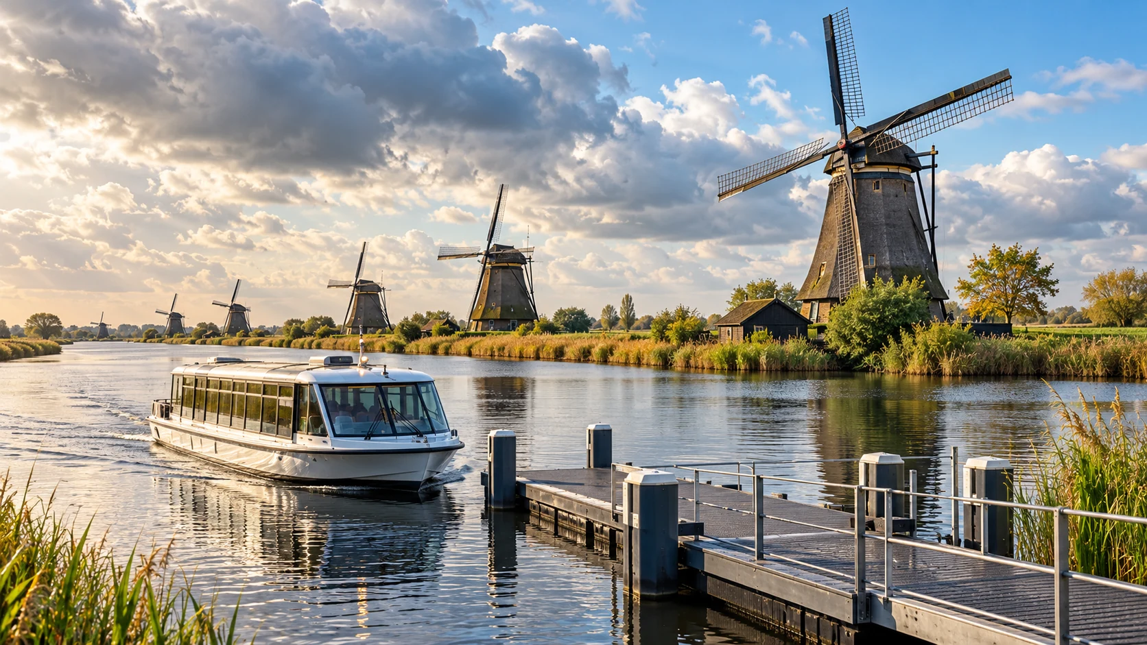 Unbeschriftetes Shuttleboot fährt an einem Anleger vor einer Reihe niederländischer Windmühlen entlang.