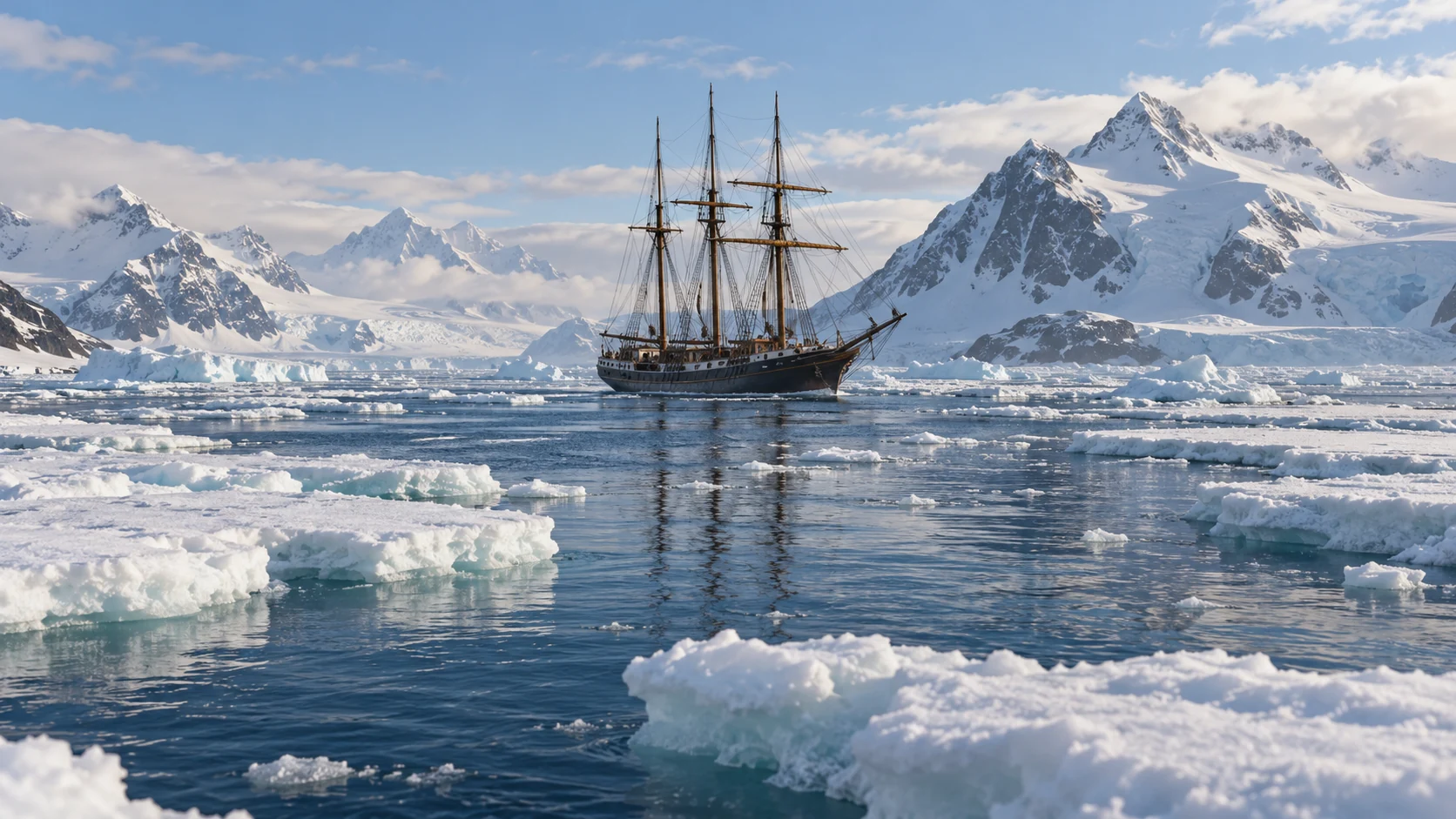 Blaue Wasserstraße zwischen weißen Eisschollen, dahinter ein kleines dreimastiges Segelschiff und verschneite Berge.