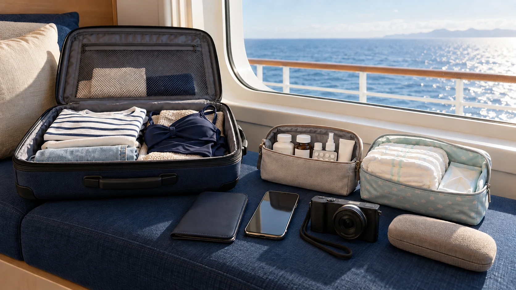 Offene kompakte Reisetasche mit Kleidung, Badesachen, Medikamenten, Windeln, Telefon und Kamera vor einem Fenster zum Meer