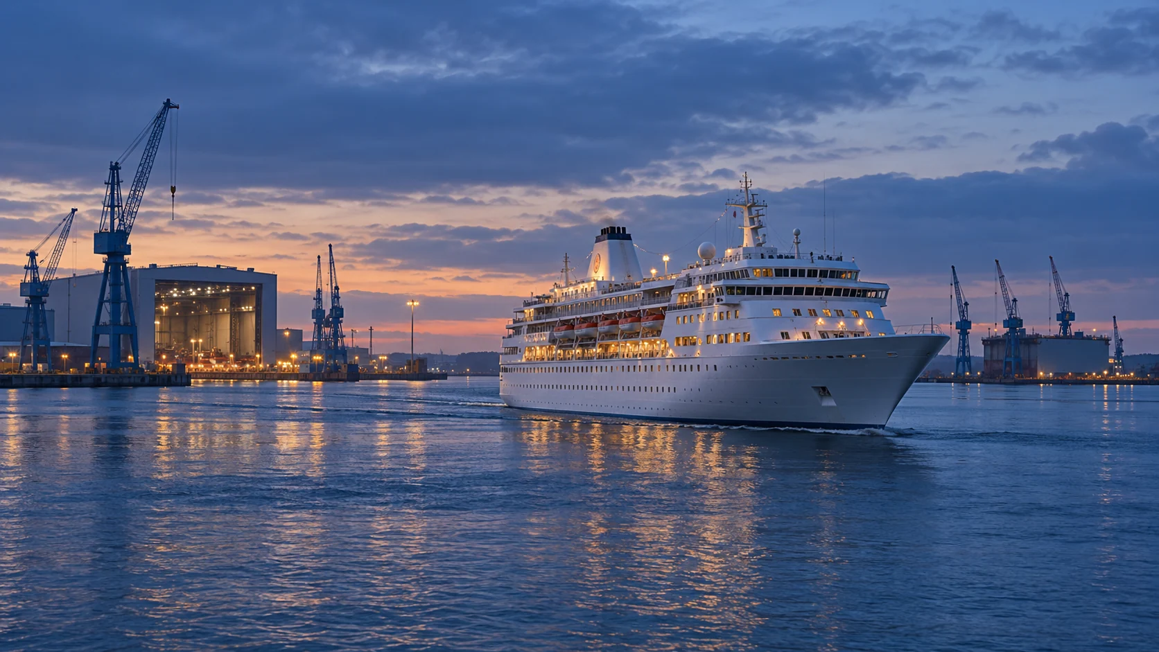 Fiktives weißes Kreuzfahrtschiff vor Kränen und einer Werfthalle im blauen Abendlicht.