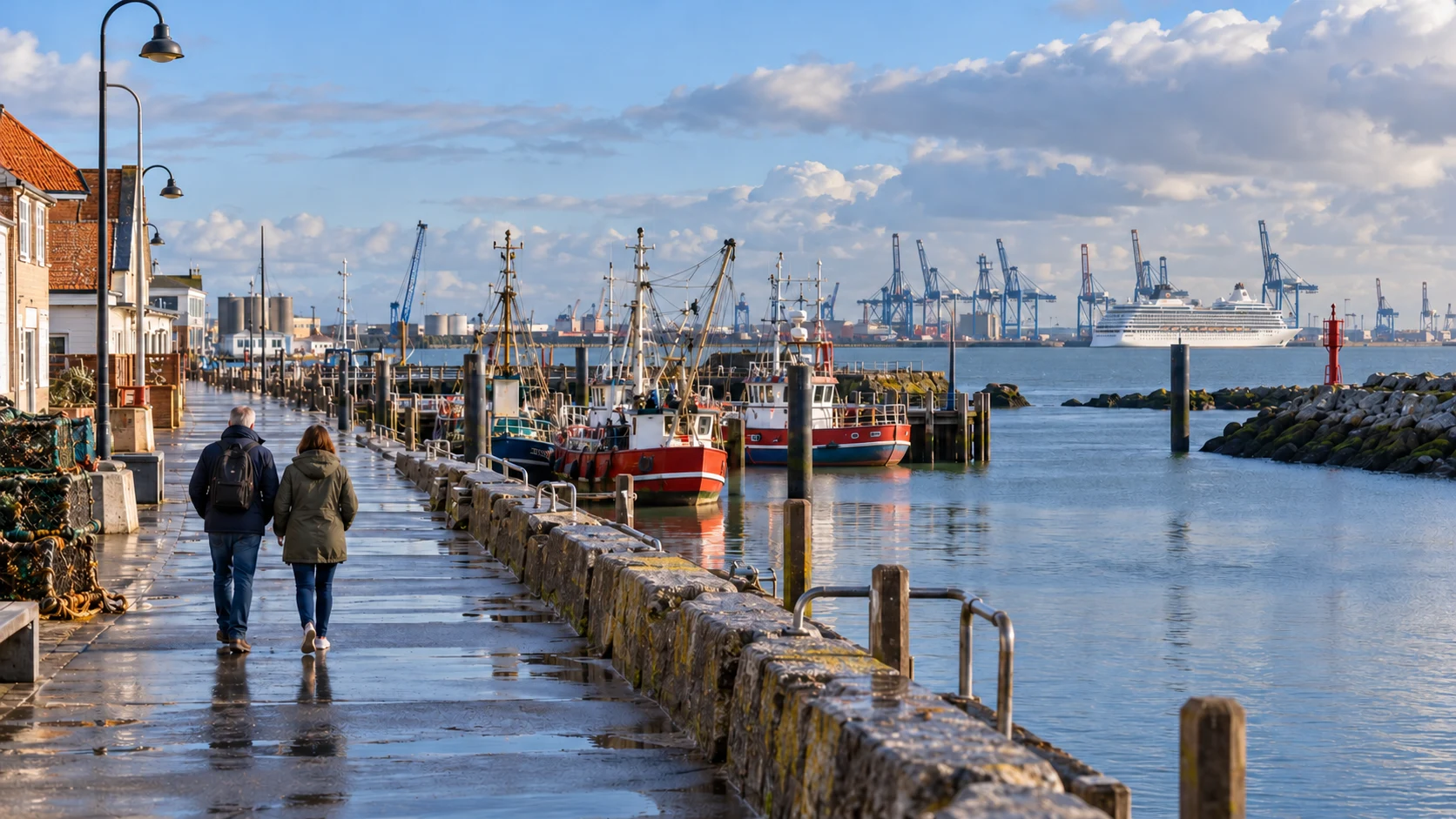 Zwei Menschen gehen an Fischerbooten entlang, dahinter liegen Hafenkräne und ein fiktives Kreuzfahrtschiff.