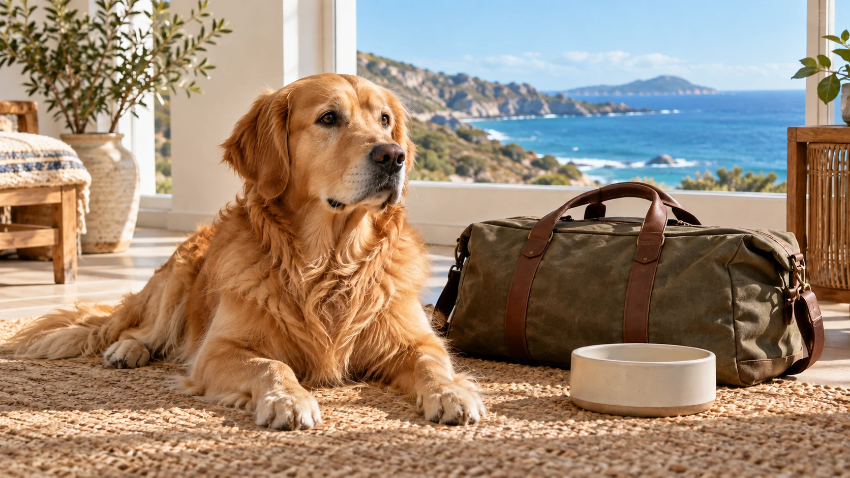Goldfarbener Hund neben Reisetasche und Futternapf in einem hellen Haus mit Meerblick.