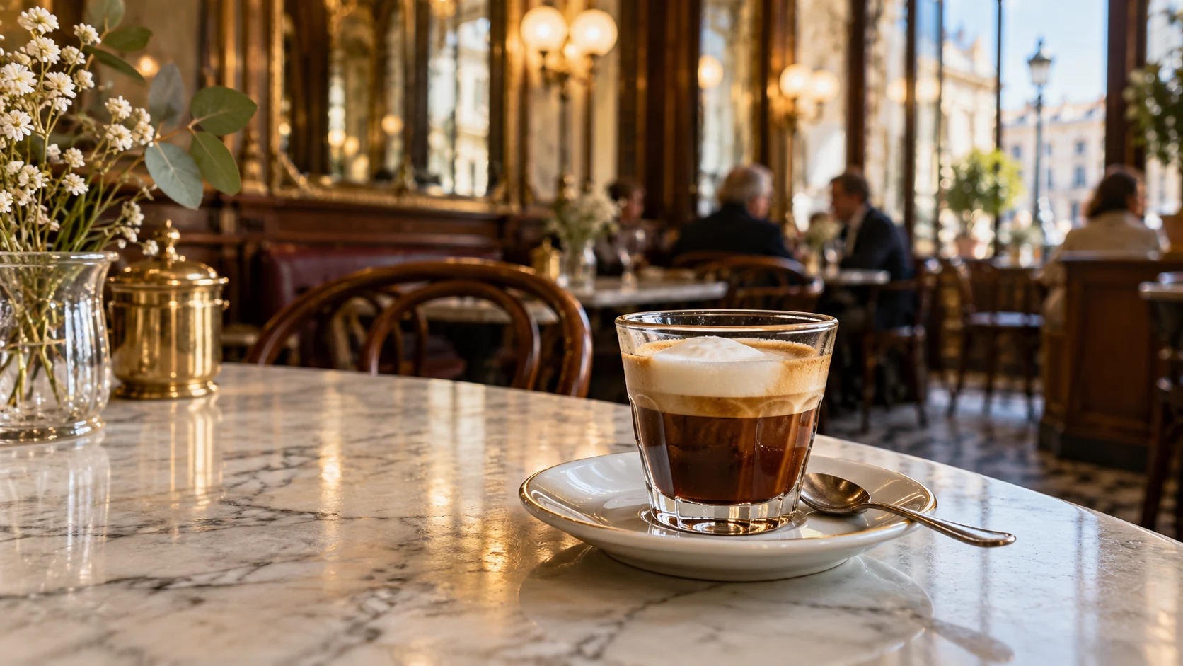 Kleiner Espresso macchiato im Glas auf einem Marmortisch vor einem unscharfen historischen Kaffeehausinterieur.
