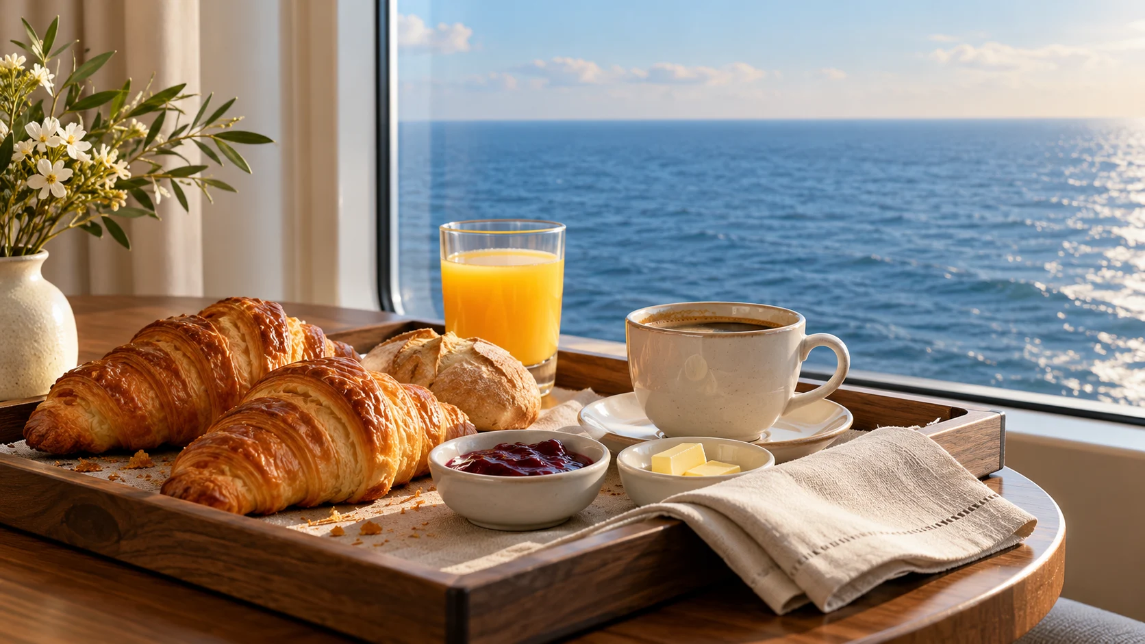 Croissants, Brötchen, Kaffee und Saft auf einem Tablett vor einem Fenster zum Meer; KI-generiertes Symbolbild.