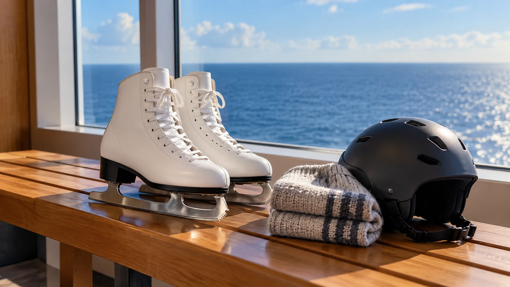 Weiße Schlittschuhe, gefaltete Socken und dunkler Helm auf einer Holzbank am Fenster zum Meer.