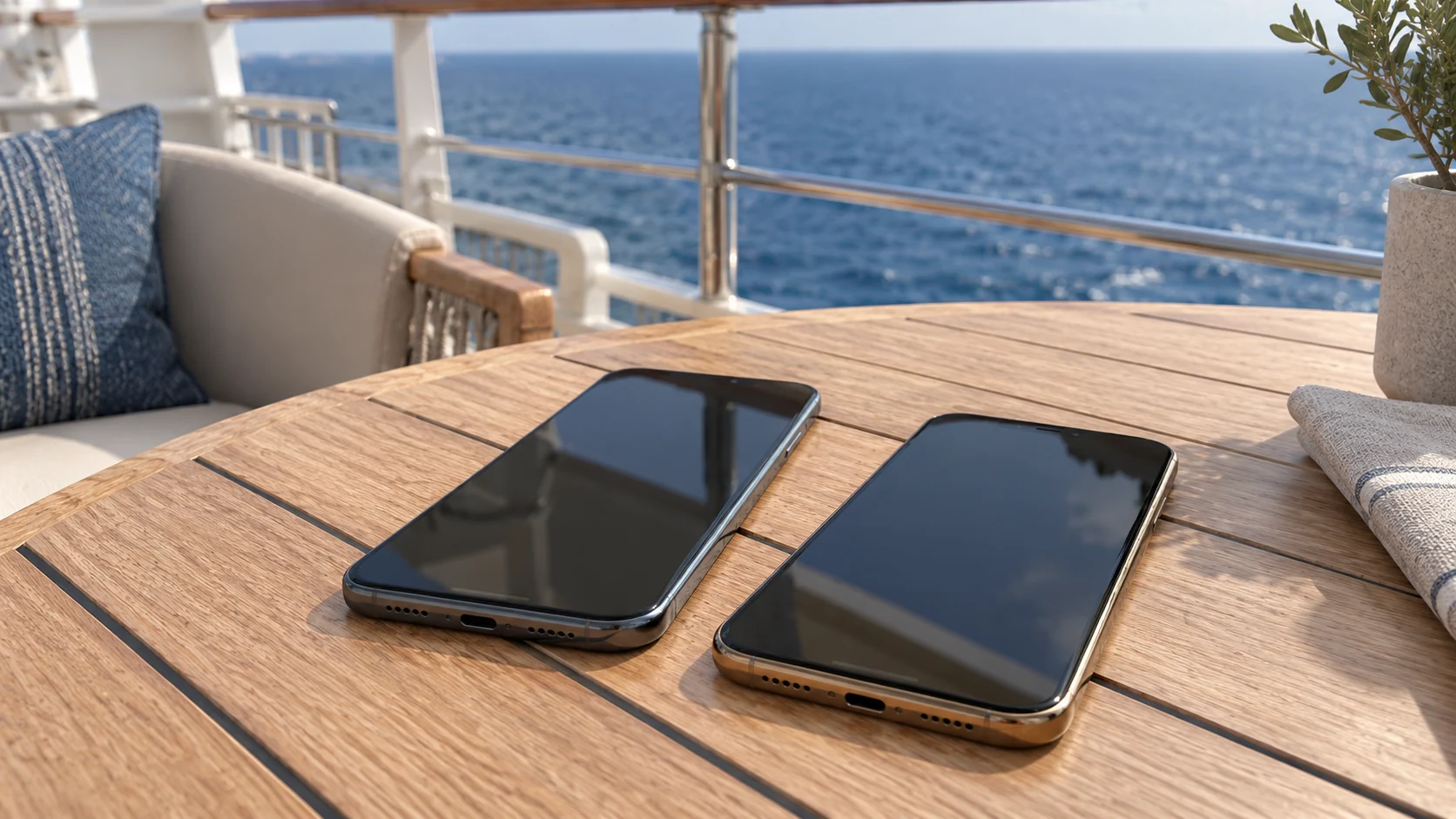 Zwei unbeschriftete Smartphones liegen mit dunklen Bildschirmen auf einem Tisch vor unscharfem Meerblick.