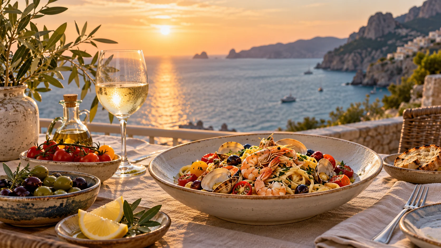 Pasta, Meeresfrüchte, Tomaten, Oliven und Zitronen stehen bei Sonnenuntergang auf einem Tisch über dem Meer.