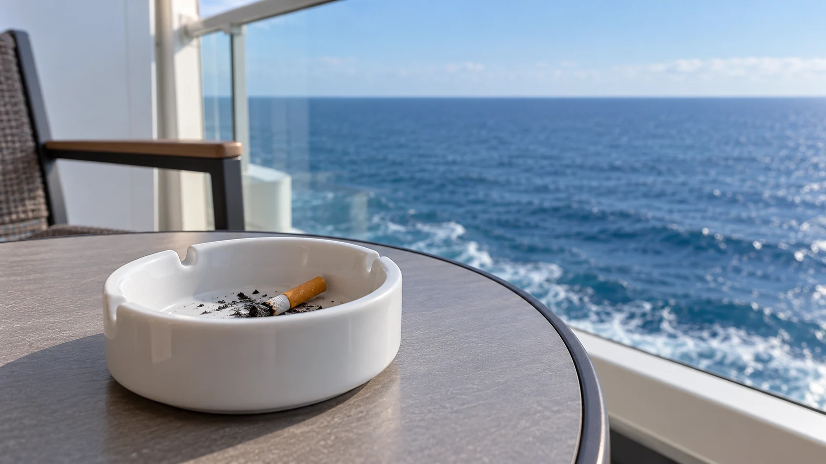 Ein erloschener Zigarettenstummel liegt in einem weißen Aschenbecher auf einem Balkon über dem Meer.