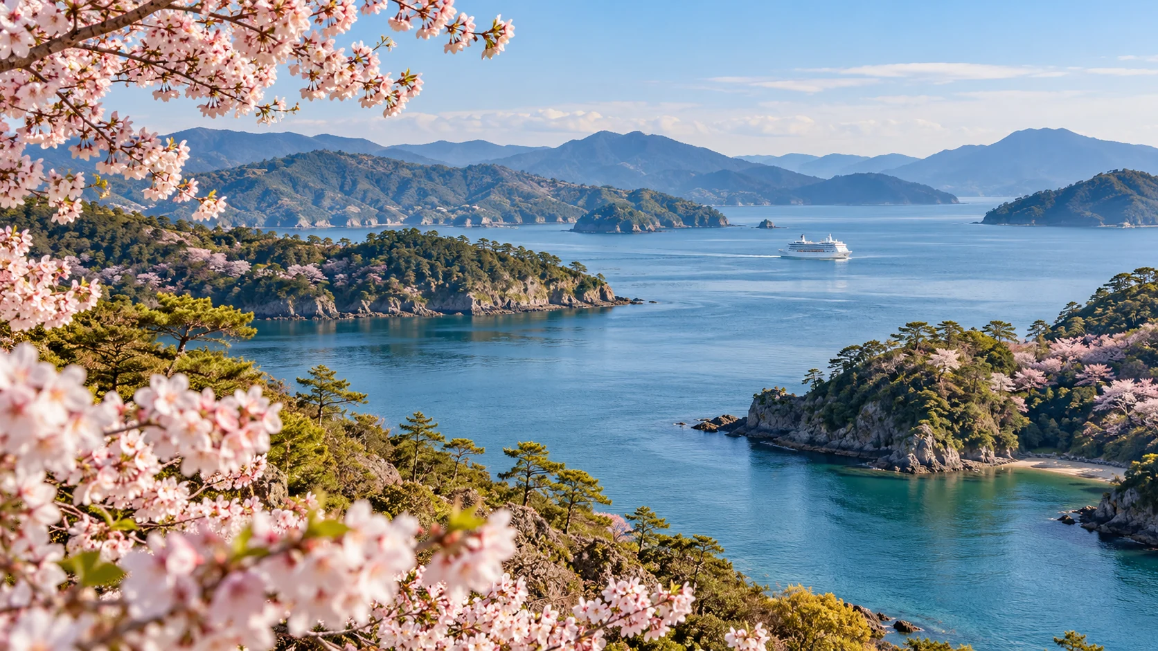 Ruhige Meeresbucht mit grünen Hügeln, zarten Kirschblüten und einem kleinen weißen Schiff in der Ferne.