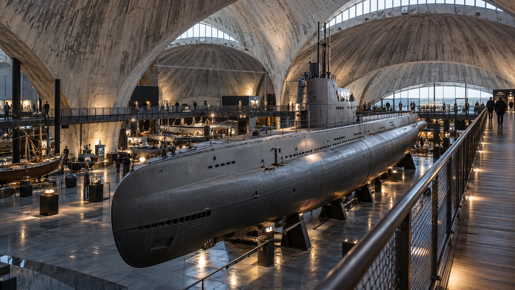Fiktives historisches U-Boot in einem großen Museumshangar mit drei gebogenen Betondomen und erhöhtem Besuchersteg.