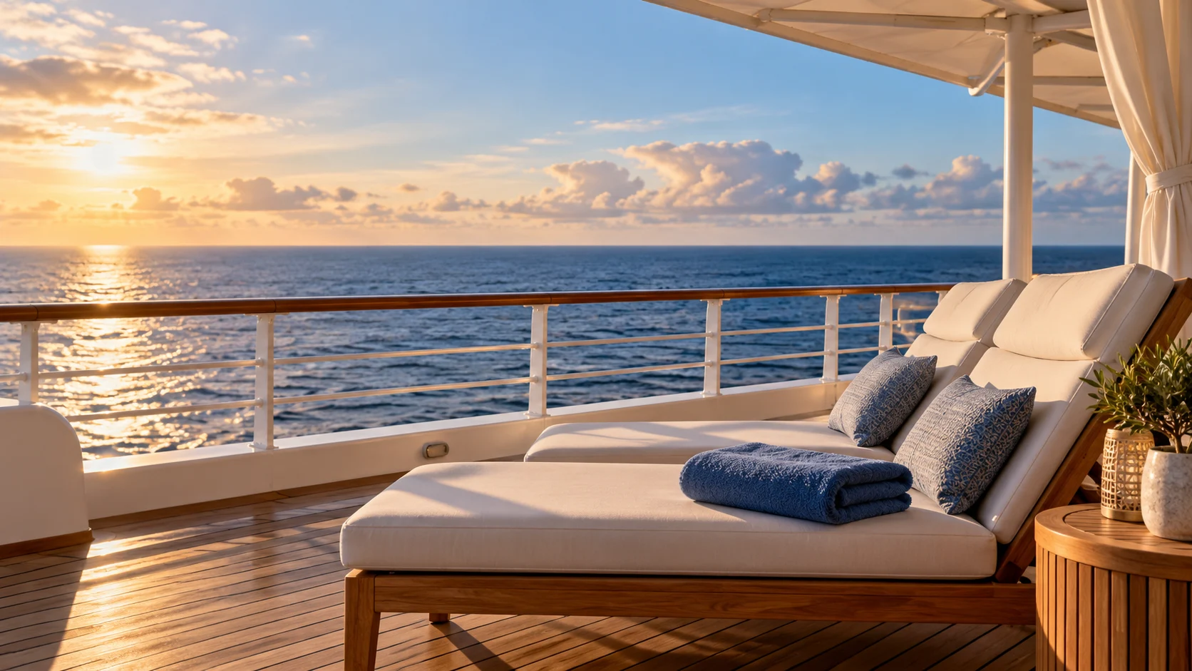 Zwei leere Liegen mit Handtuch auf einem fiktiven Schiffsdeck vor dem Meer.
