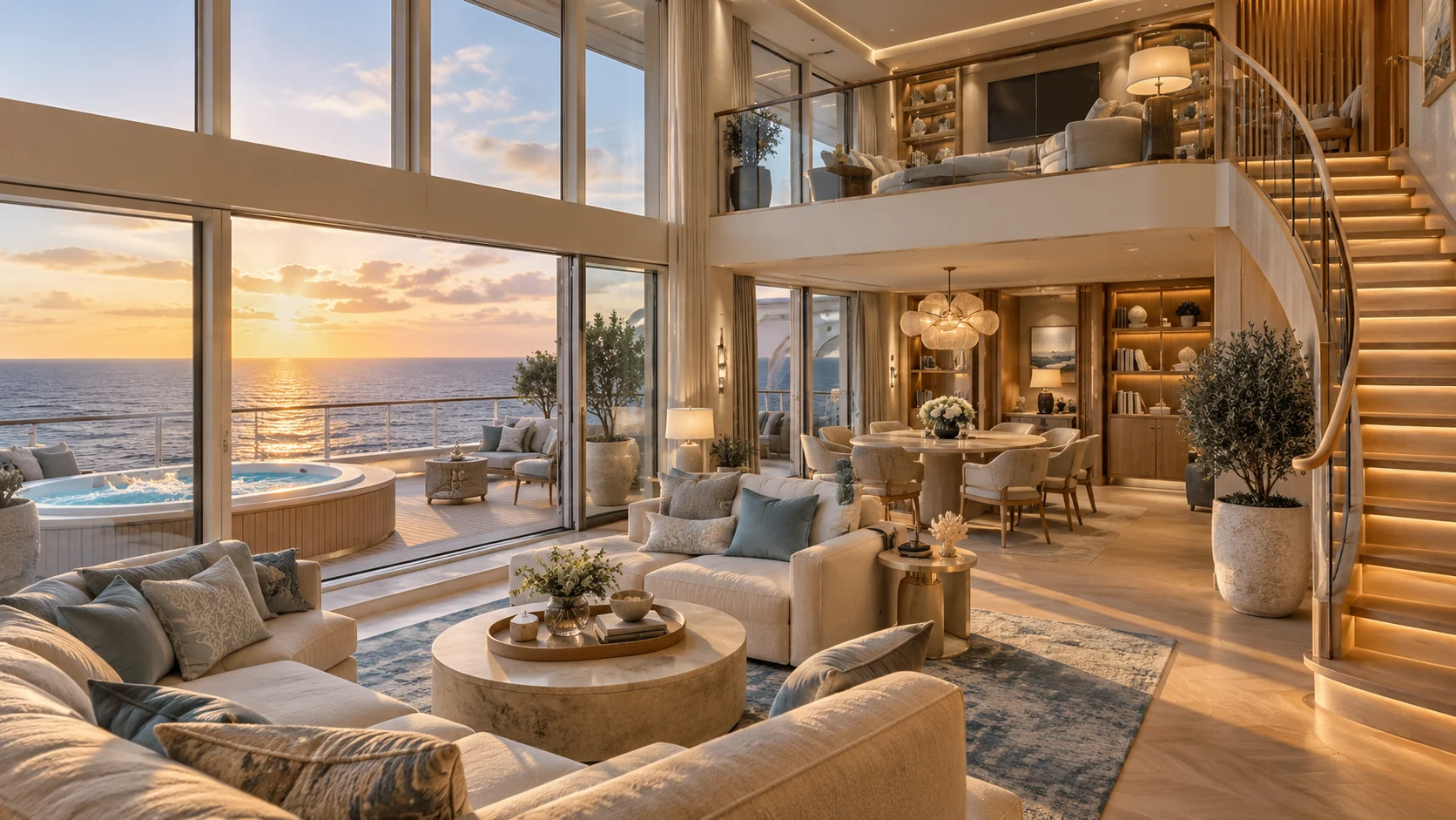 Fiktive zweigeschossige Schiffssuite mit Lounge, Treppe, Terrasse, Whirlpool und Meerblick im Abendlicht