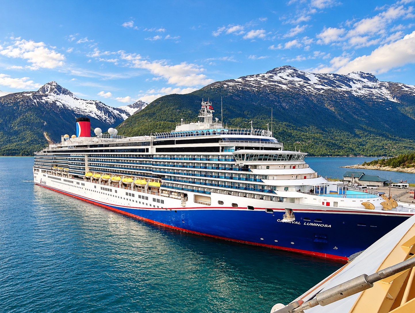Carnival Luminosa vor den Bergen von Skagway; schiffsgenaues Portfoliofoto, KI-bearbeitet.