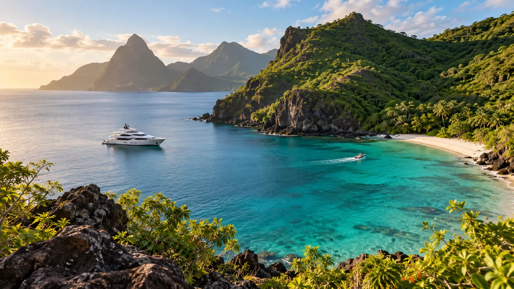 Fiktive weiße Motoryacht ankert vor einer grünen Vulkaninsel in einer türkisfarbenen Karibikbucht.