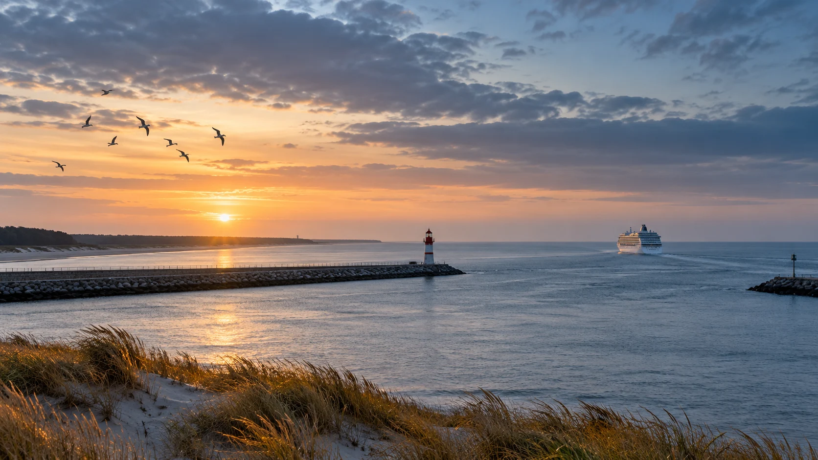 Fiktives weißes Kreuzfahrtschiff verlässt bei Sonnenaufgang einen Ostseehafen mit Mole und Leuchtturm.