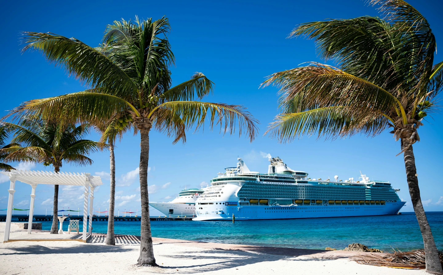 Palmen und heller Sand am türkisblauen Meer, dahinter Kreuzfahrtschiffe unter blauem Himmel.
