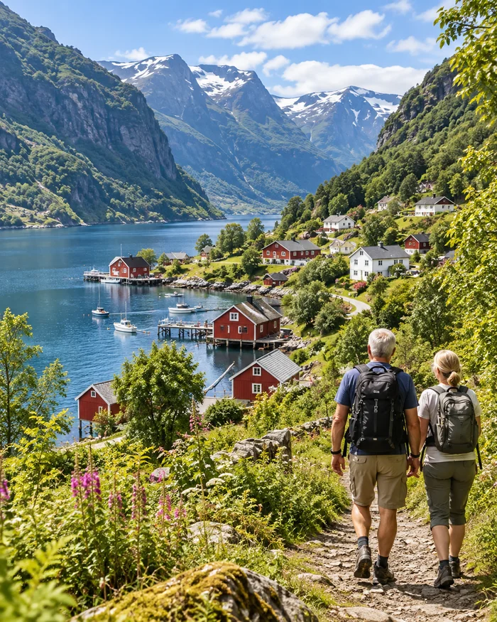 Reiseillustration: Wanderer über einem norwegischen Fjorddorf