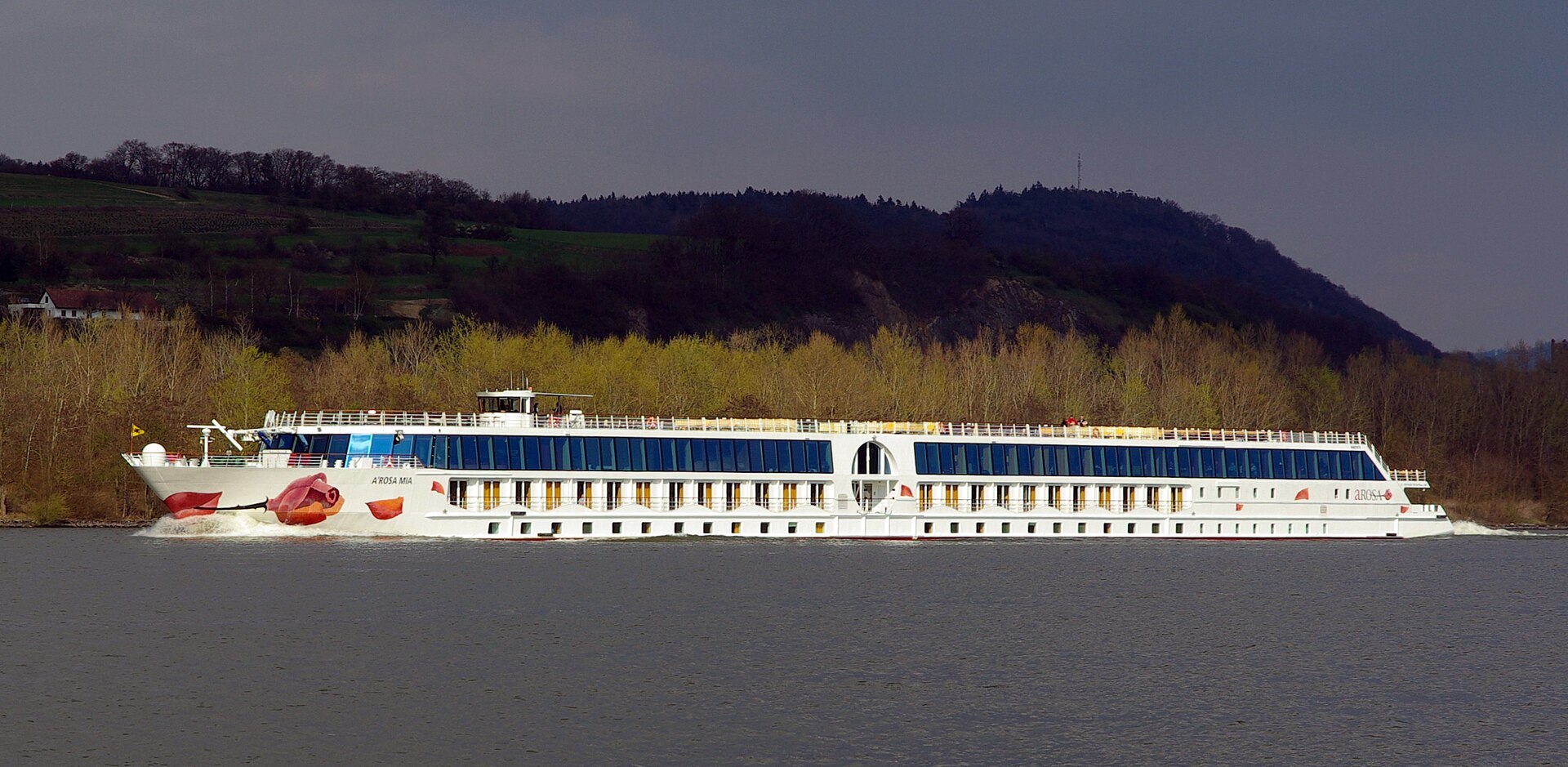 Die A-ROSA MIA in vollständiger Seitenansicht auf der Donau.