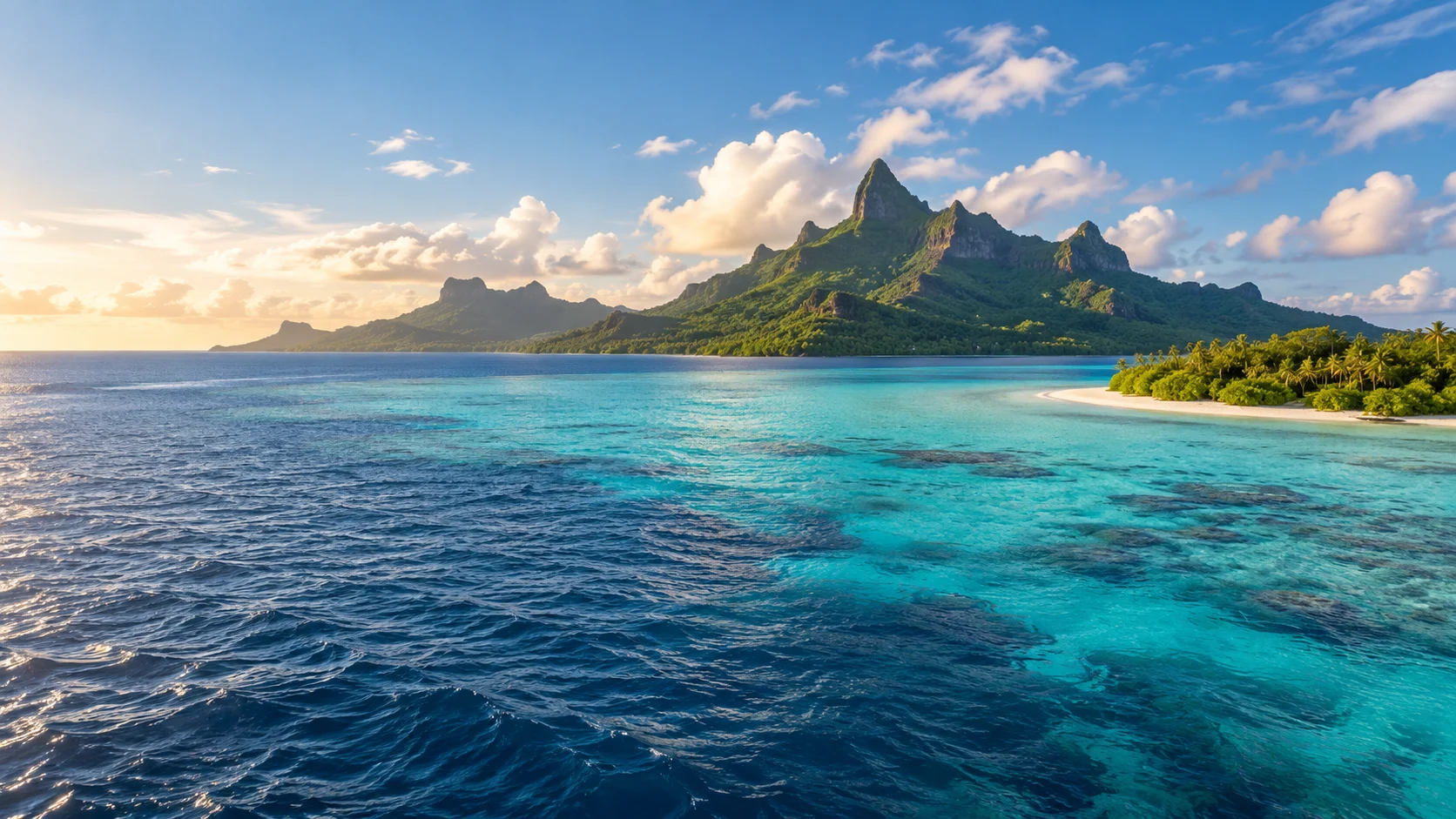 Leuchtend blaue Südsee-Lagune vor einer grünen Insel – KI-generierte Reiseinspiration